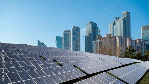 Photography Modern Cityscape with Solar Panels: A Sustainable Future