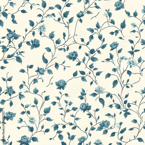 Wallpaper Mural "Minimalist repeating Toile de Jouy pattern with tiny rosebuds and leaves, delicately spaced for a soft and subtle design, teal on a cream background Torontodigital.ca