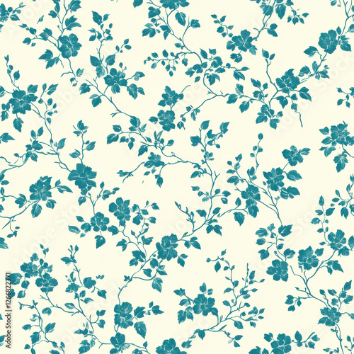 Wallpaper Mural "Minimalist repeating Toile de Jouy pattern with tiny rosebuds and leaves, delicately spaced for a soft and subtle design, teal on a cream background Torontodigital.ca
