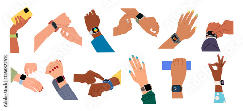 Different hands male and female wearing smart watch on wrist. Modern technology concept. Vector colorful illustrations set isolated on transparent background. 