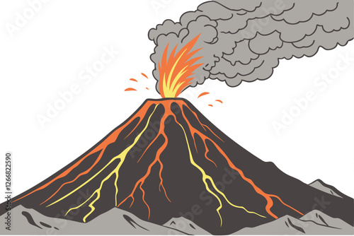  Photograph of a volcanic eruption, bright orange and yellow flames and lava spewing from the top of a large, jagged mountain of black rock. The mountain is surrounded by a thick layer of smoke and 