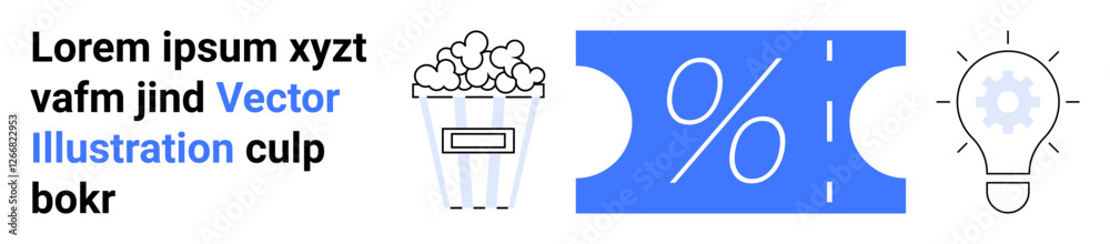 Blue discount ticket beside popcorn icon and glowing light bulb. Ideal for promotions, marketing, entertainment, creativity, savings, event planning, abstract line flat metaphor Blue discount ticket beside popcorn icon and glowing light bulb. Ideal for promotions, marketing, entertainment, creativity, savings, event planning, abstract line flat metaphor
