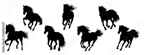 Set of running wild horse black silhouettes. Monochrome vector illustrations, icons isolated on transparent background.