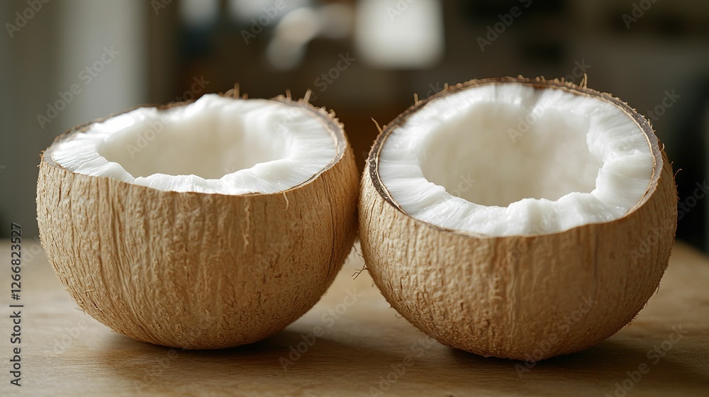 Two Halved Coconuts Showing White Flesh Inside Two Halved Coconuts Showing White Flesh Inside