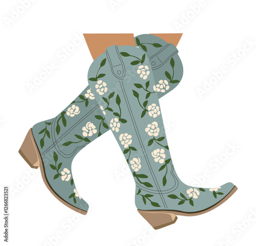 Female legs wearing fashionable turquoise cowgirl boots. Traditional western cowboy boots decorated with embroidered wild west ornament. Vector illustration isolated on transparent background.