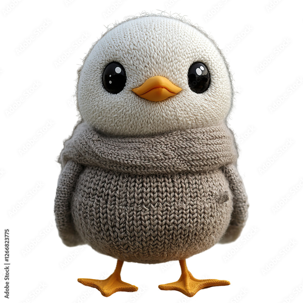 Obraz premium Adorable cartoon bird character wearing a cozy knitted scarf in soft brown colors on a bright Transparent background
