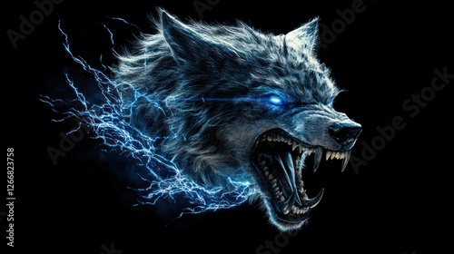 Realistic looking wolf head with blue lightning sparks on black background, showing sharp teeth