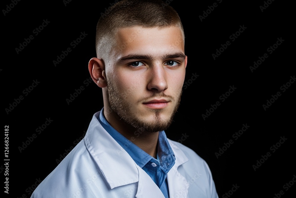 A scientist in a lab coat looks directly into the camera, focusing on something unseen