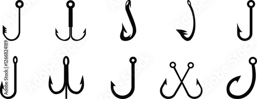 fishing hook icon set.Hook of different shapes for fish on a white background.Design element for poster, card, banner,emblem, sign. Vector illustration.