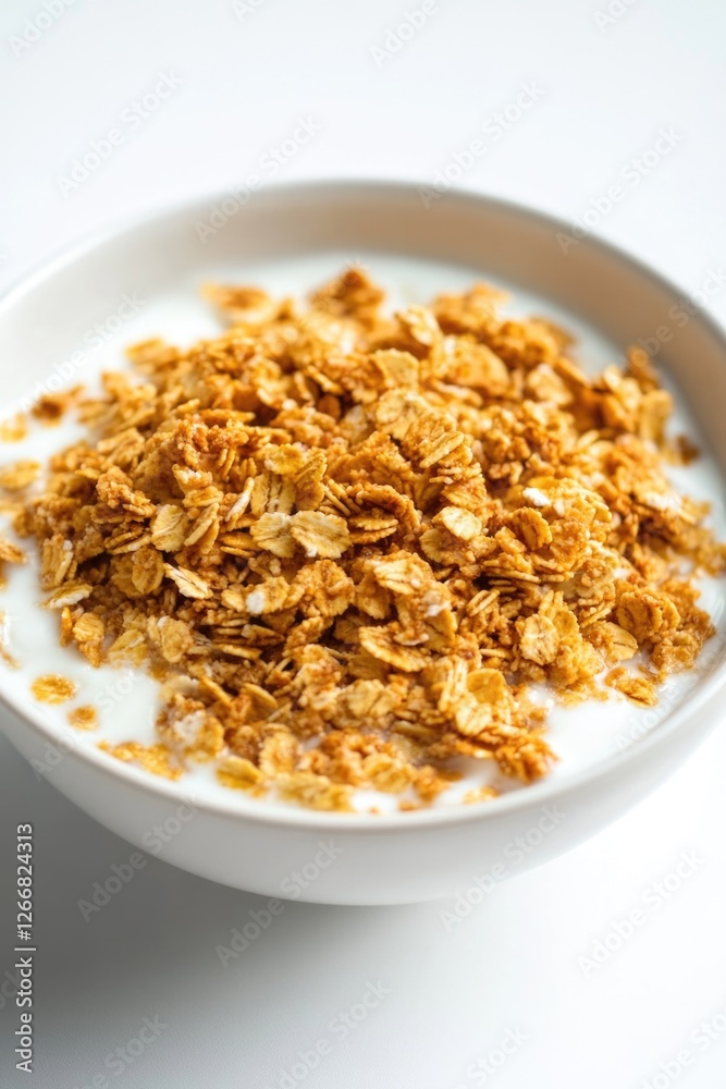 A bowl of cereal with milk on a table A bowl of cereal with milk on a table