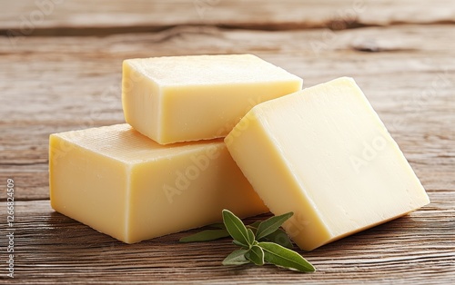 Local dairy products at the fresh market. Three blocks of yellow cheese are stacked on a wooden surface, accompanied by fresh green herbs, creating a rustic culinary scene. photo