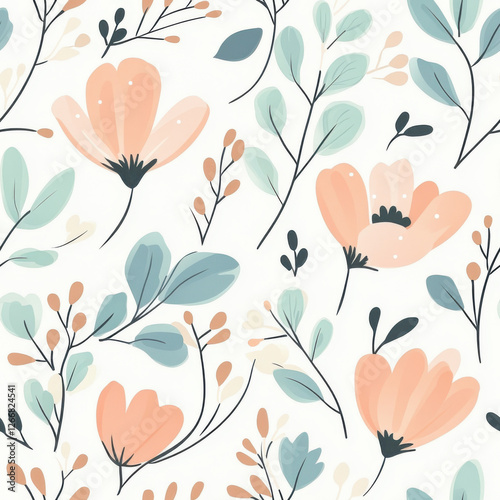 seamless tile, cute floral pattern, pastel colors, illustration style, delicate flowers, soft lines,