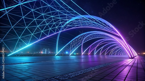Futuristic Bridge with Glowing Arches and Neon Lights in a Cyberpunk Cityscape Illuminated by Blue and Purple Energy Streams