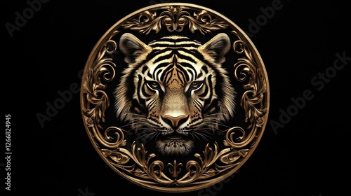 Ornate Tiger head portrait in round frame on black backdrop for high end design, decor or branding photo