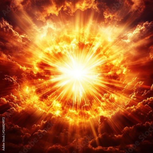 Heavenly Light Explosion Divine Rays Burst Through Fiery Clouds