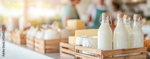 Local dairy products at the fresh market. Fresh milk bottles in rustic baskets surrounded by dairy products in a lively market setting, reflecting a cozy, organic atmosphere. photo