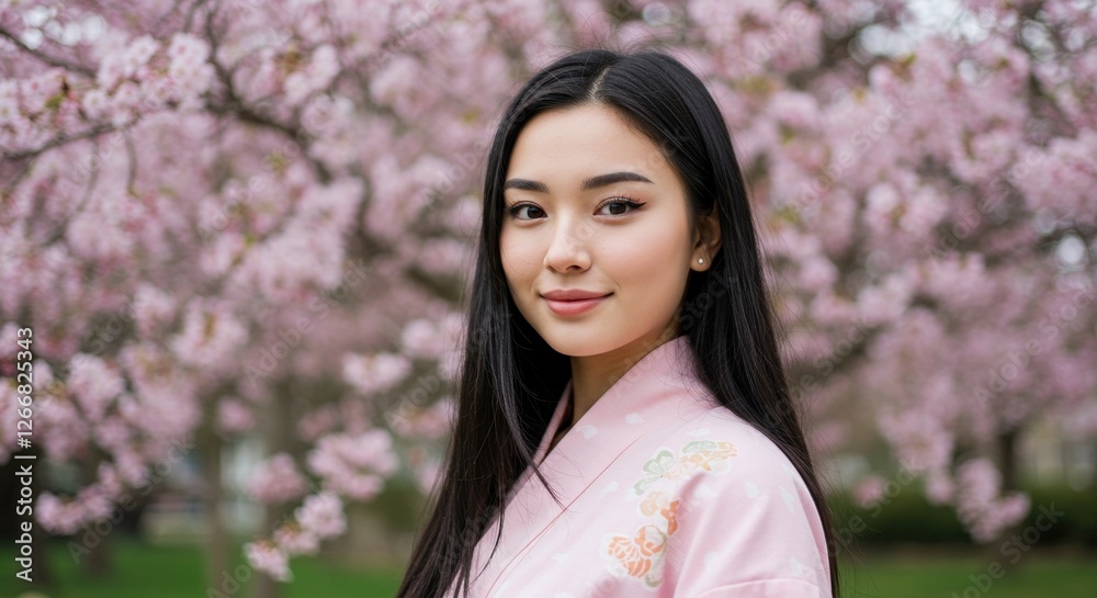 Beautiful Woman in Traditional Dress Amidst Cherry Blossoms - Perfect for Celebrating Spring and Cultural Festivals