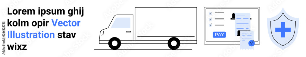 White truck, payment form with receipt, and shield with medical cross. Ideal for delivery operations, logistics, online payment, security, healthcare, insurance transportation abstract line flat White truck, payment form with receipt, and shield with medical cross. Ideal for delivery operations, logistics, online payment, security, healthcare, insurance transportation abstract line flat