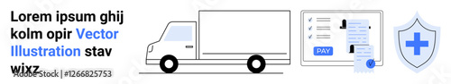 White truck, payment form with receipt, and shield with medical cross. Ideal for delivery operations, logistics, online payment, security, healthcare, insurance transportation abstract line flat