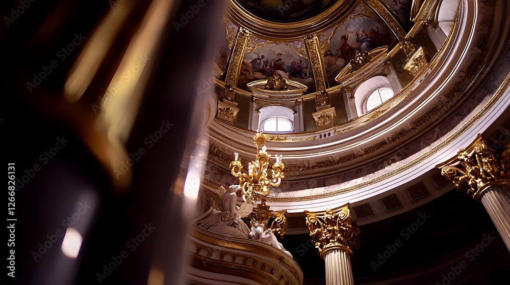 Obraz premium Ornate chandelier beneath a grand dome with intricate artwork and golden accents in a historic building