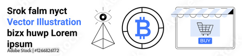 Bitcoin symbol next to an eye over a pyramid and an e-commerce shopping cart in a storefront theme. Ideal for cryptocurrency, blockchain, digital commerce, finance, innovation, security, flat landing