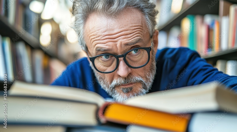 A man is looking at a book with his head down. He is wearing glasses and he is focused on the book A man is looking at a book with his head down. He is wearing glasses and he is focused on the book