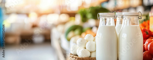 Local dairy products at the fresh market. Fresh milk bottles are displayed alongside various colorful vegetables and produce in a bright market setting, highlighting healthy choices.