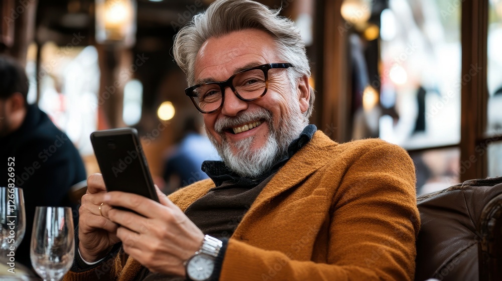 A man in a brown jacket is smiling and holding a cell phone. He is sitting on a couch and he is enjoying himself A man in a brown jacket is smiling and holding a cell phone. He is sitting on a couch and he is enjoying himself
