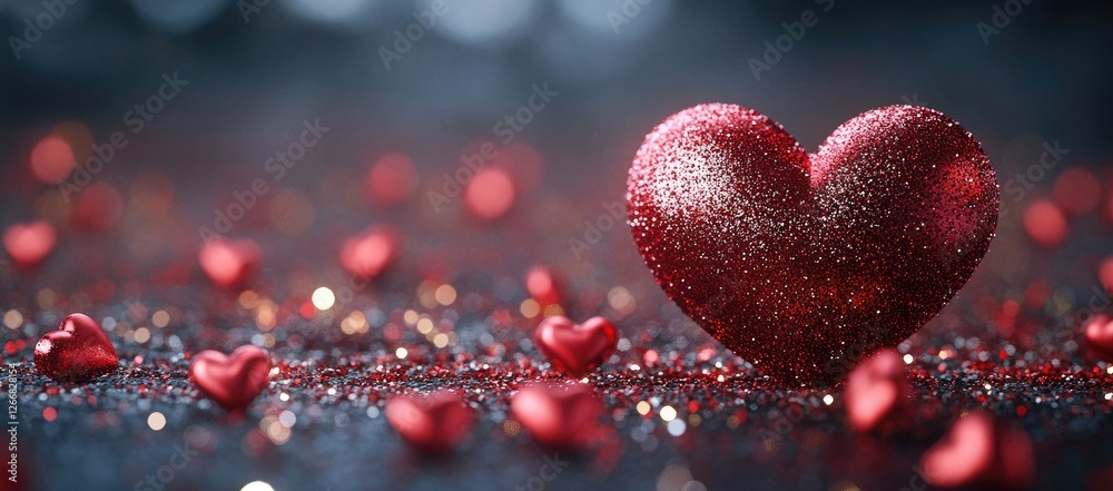 Sparkling red heart with many small red hearts on dark background, romantic atmosphere, valentine's day concept, festive mood Sparkling red heart with many small red hearts on dark background, romantic atmosphere, valentine's day concept, festive mood