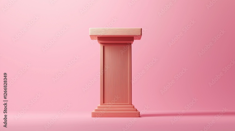 Wooden pedestal against a pink background showcasing elegance and simplicity. Wooden pedestal against a pink background showcasing elegance and simplicity.