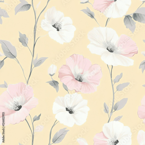 Wallpaper Mural seamless linen fabric pattern, vintage shabby chic linen flowers in pastel shades of pink white on pastel yellow background  Torontodigital.ca