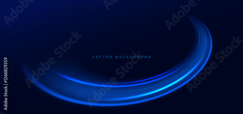 Light blue cuved rays glowing on dark blue background. High speed motion moving concept.