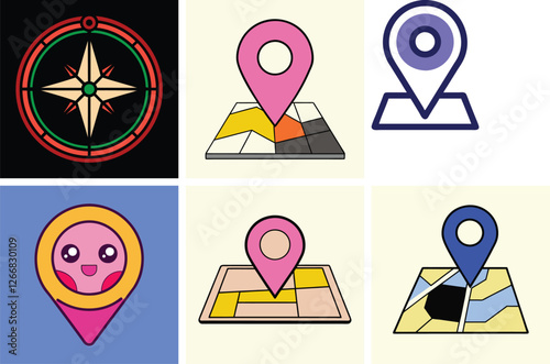 Minimalist GPS Icon Set - Navigation, Location, and Map Pin Vector Art Illustration Bundle