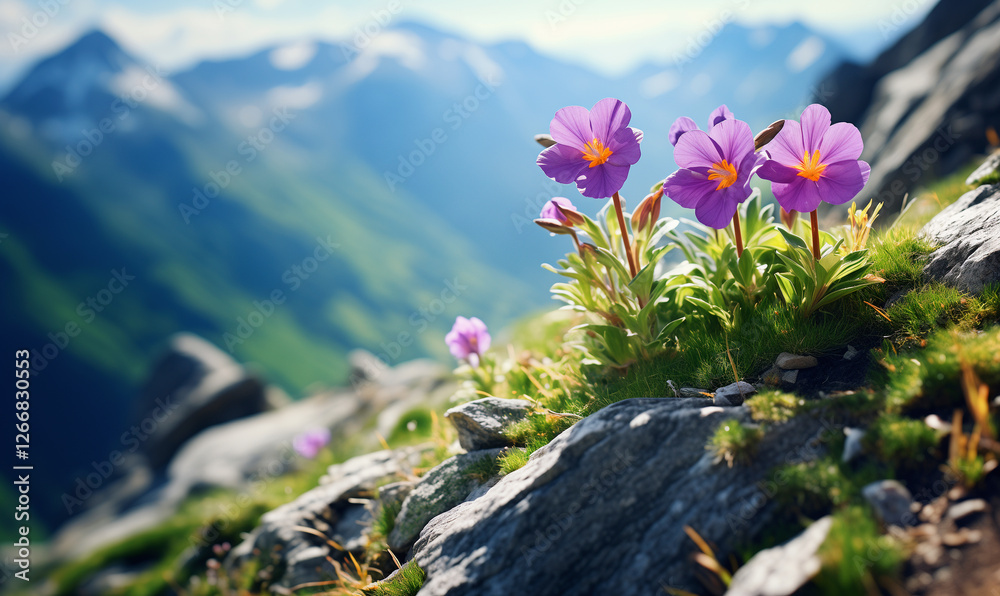 Obraz premium Flower on a steep cliff, alpine flora, beautiful nature, generated ai
