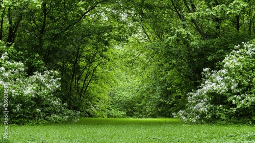 Wallpaper Mural Lush green forest path, spring blossoms, nature background, ideal for nature documentaries Torontodigital.ca