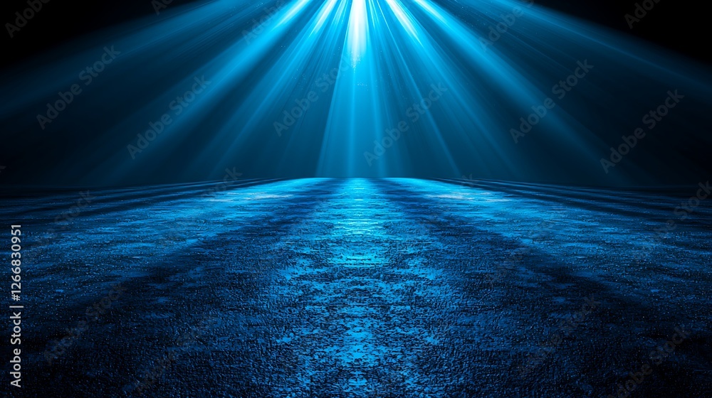 Fototapeta premium Blue spotlight illuminates dark stage floor, background black