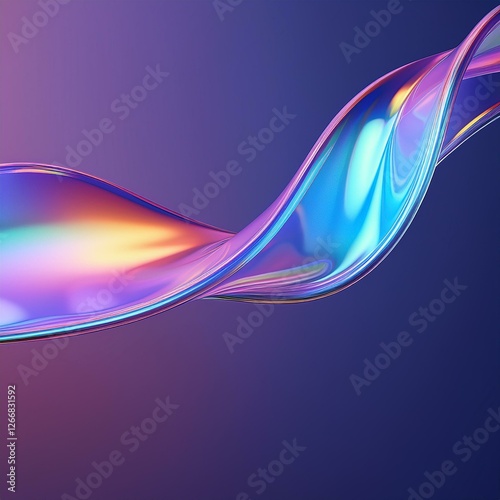 3d holographic ribbon glass morphism wave line isolated on abstract background render. Iridescent curve liquid shape with colorful hologram gradient. Multicolored Glass Background