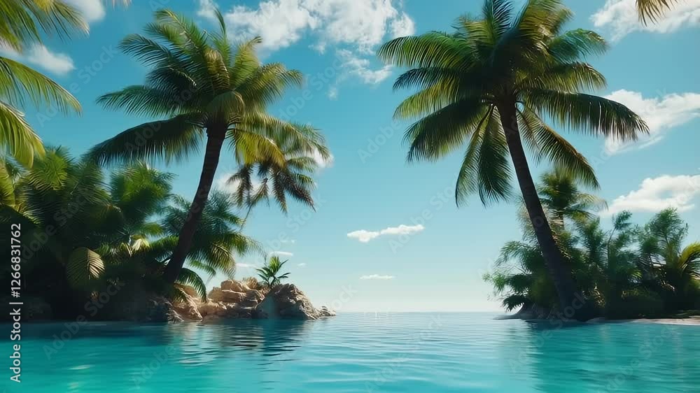 Tropical paradise with palm trees and calm turquoise water under a blue sky Tropical paradise with palm trees and calm turquoise water under a blue sky