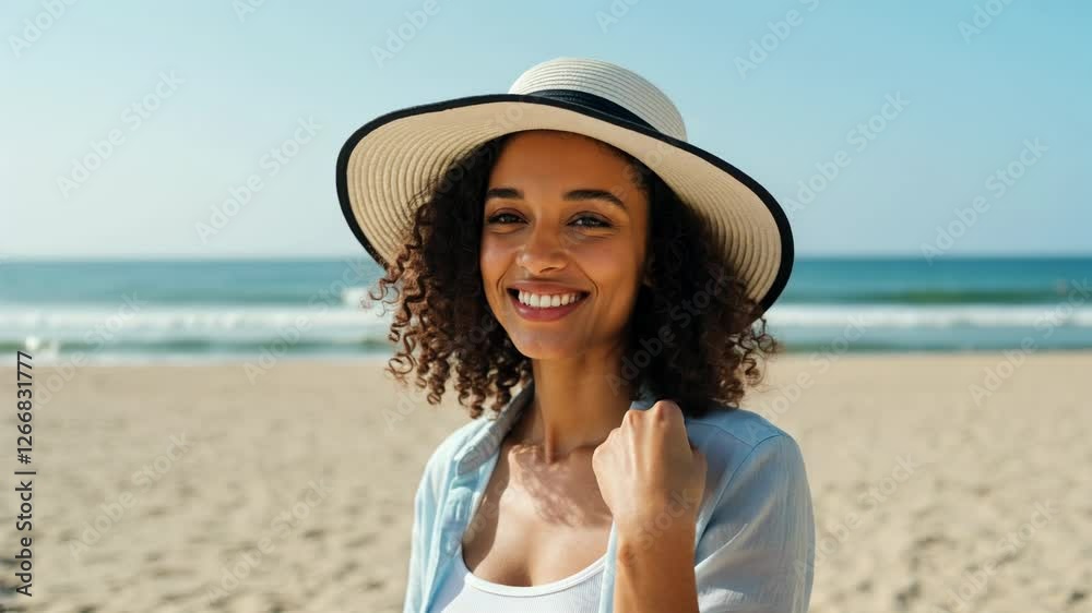 Smiling woman with hat on beach, curly hair, ocean view, summer vacation concept, for travel, vacation promo, horizontal video Smiling woman with hat on beach, curly hair, ocean view, summer vacation concept, for travel, vacation promo, horizontal video