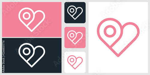 Creative love location logo with heart and map marker. Vector design template.