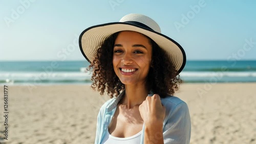 Wallpaper Mural Smiling woman with hat on beach, curly hair, ocean view, summer vacation concept, for travel, vacation promo, horizontal video Torontodigital.ca