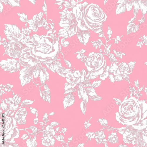 seamless pattern outline white Rose floral with bow coquette, outline sketch white toile