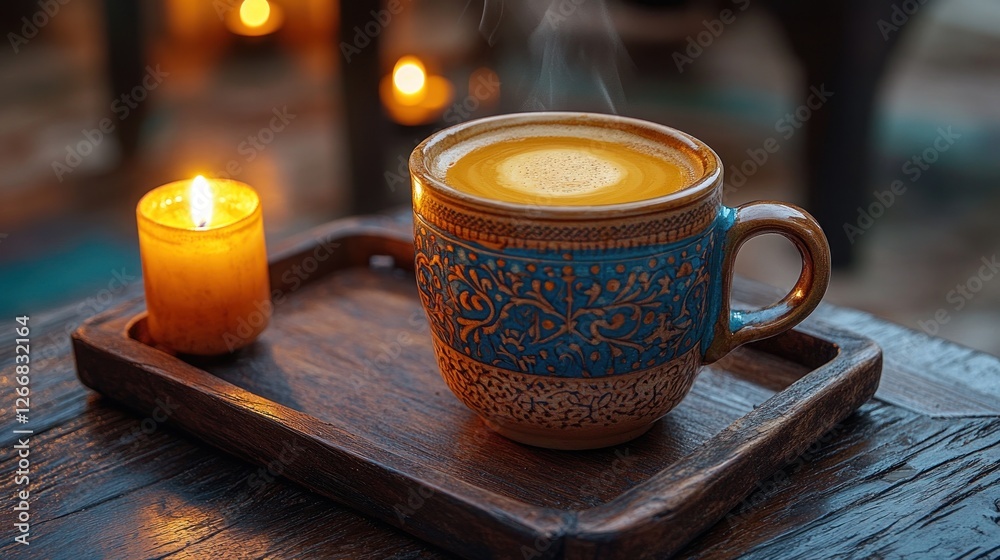 Fototapeta premium Warm cup of steaming tea on a wooden tray with candles in a cozy atmosphere.