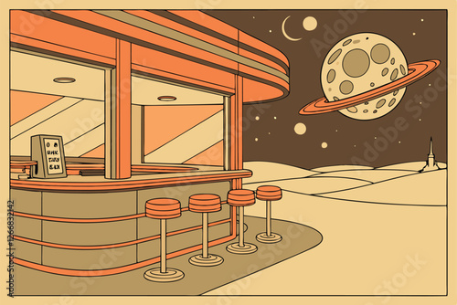   Retro-futuristic space diner, lunar landscape, circular bar counter, orange neon lighting, 1950s style stools, planet Earth visible through panoramic window, floating celestial bodies, spaceship pa