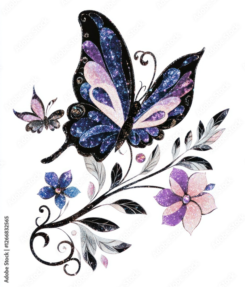 Fototapeta premium Glittery butterfly floral design, nature background, tattoo art