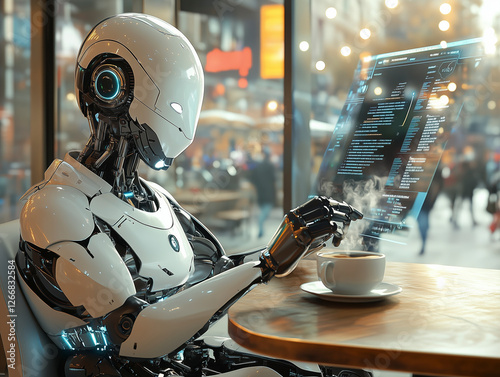 Humanoid Robot Enjoying Coffee in a Futuristic Café photo