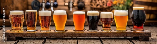 Assorted Craft Beer Flight on Rustic Wooden Bar Top