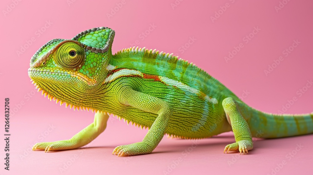 Fototapeta premium Chameleon: Close-up of Chameleon, Lizard, isolated on a solid color background, minimal, background.