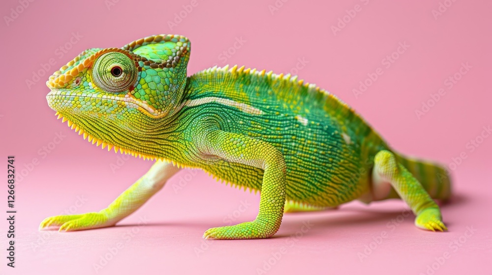 Fototapeta premium Chameleon: Close-up of Chameleon, Lizard, isolated on a solid color background, minimal, background.