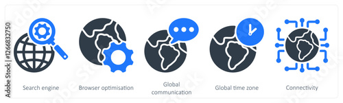 A set of 5 seo icons as search engine, browser optimization, global communication